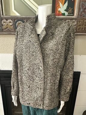 Vtg Bert Newman Petite Herringbone Wool Brown Tweed Coat Pockets 80s Size 12